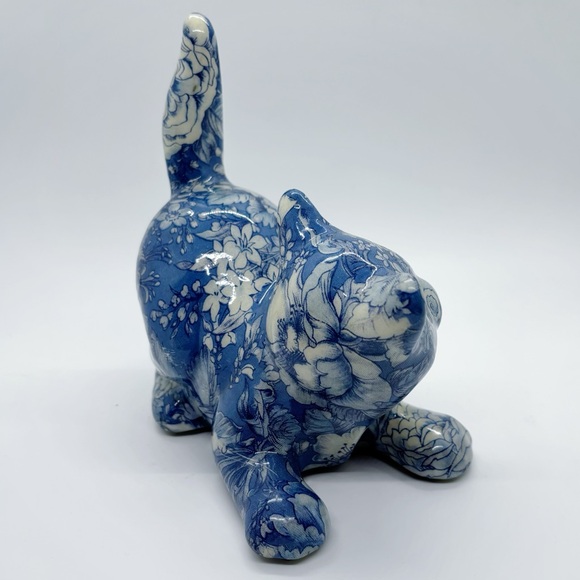 Joan Baker Porcelain Patchwork Vintage Decoupage Blue Floral Ceramic Cat Figure - Picture 4 of 13